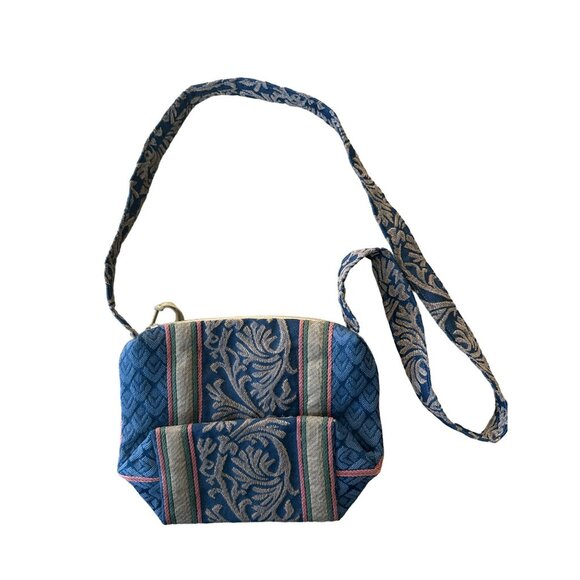 Vintage Tapestry Small Blue Shoulder Bag With Zipper Closure - Picture 2 of 3
